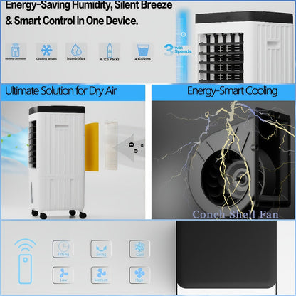 Portable Air Conditioner Evaporative Air Cooler with Remote, 40Hrs Cooling, 2.6 Gal Tank, 3 Speeds