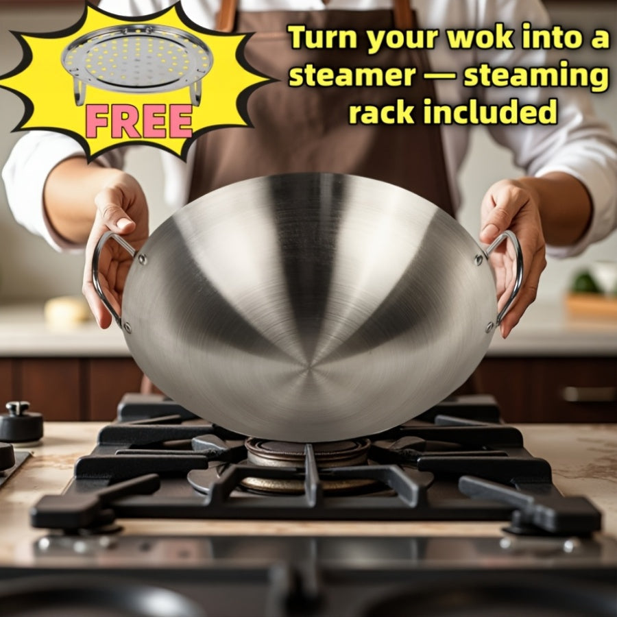 Stainless Steel Wok Cookware with Dual Handles, Steamer Rack and 30, 36 or 38cm Size Choices