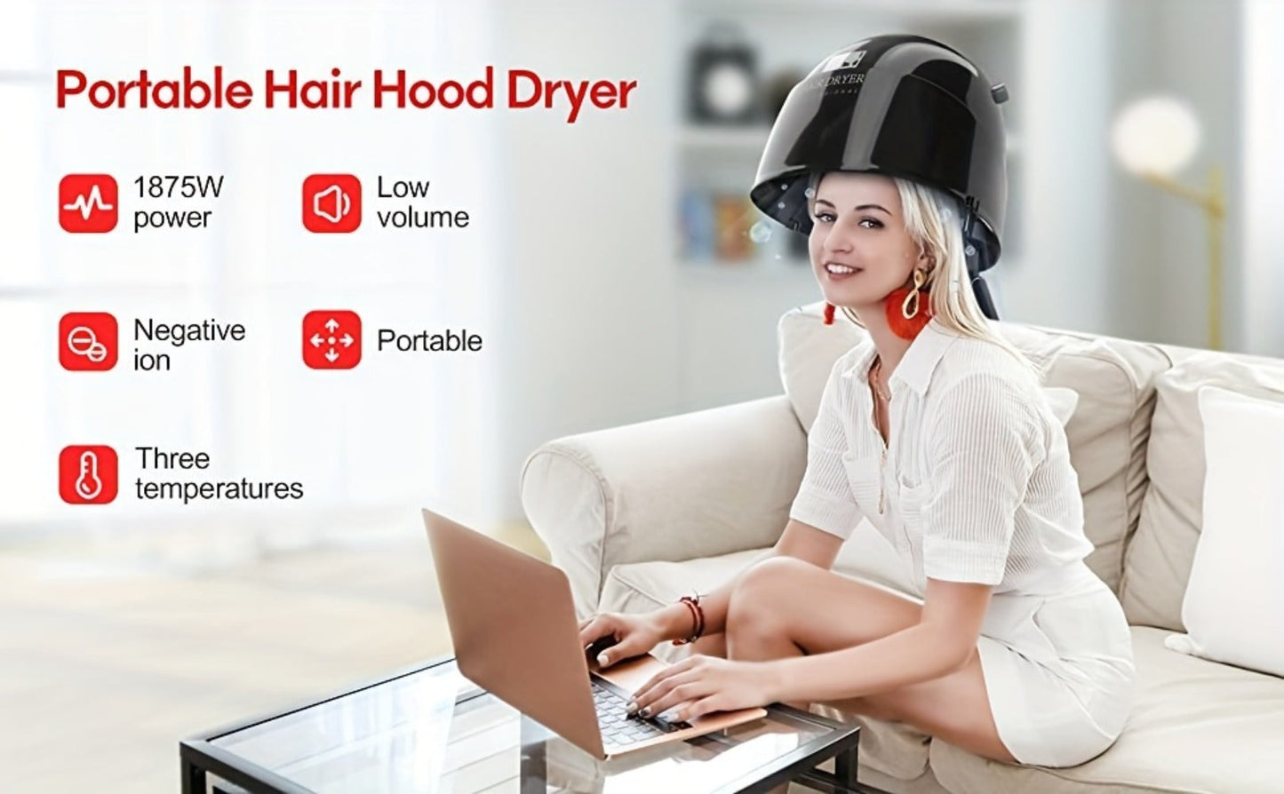 1875W Ionic Hooded Hair Dryer Bonnet Sit Under Hair Dryer for Women 3 Heat Settings, for Home, Travel and Salon Hair Styling