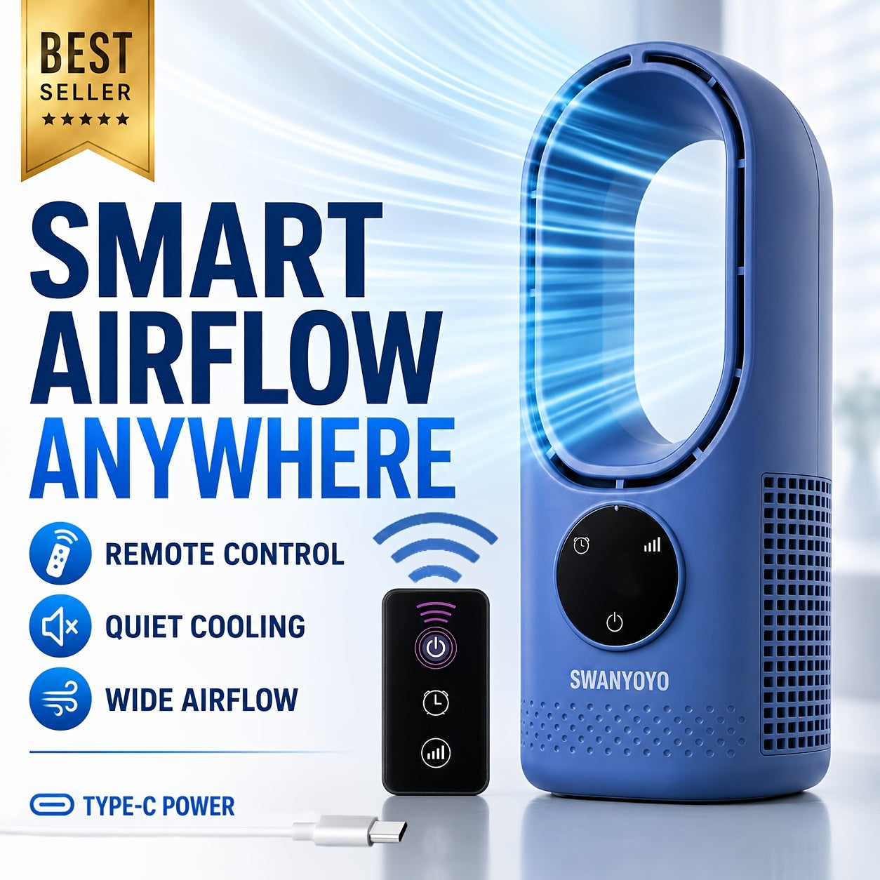 Portable Fan USB-Powered Bladeless Tower Model with Water Mist, Remote, Touch Controls and LED Light