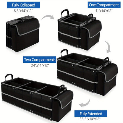 Collapsible Car Trunk Organizer with Three Compartments, Removable Dividers, Lid and Tie-Down Straps