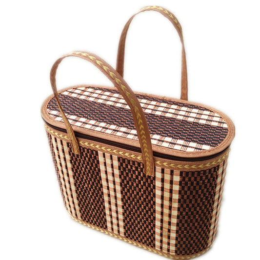 Woven Picnic Storage Basket with Fitted Checked Lid and Carry Handles, 14.17 x 6.3 x 10.24 Inches
