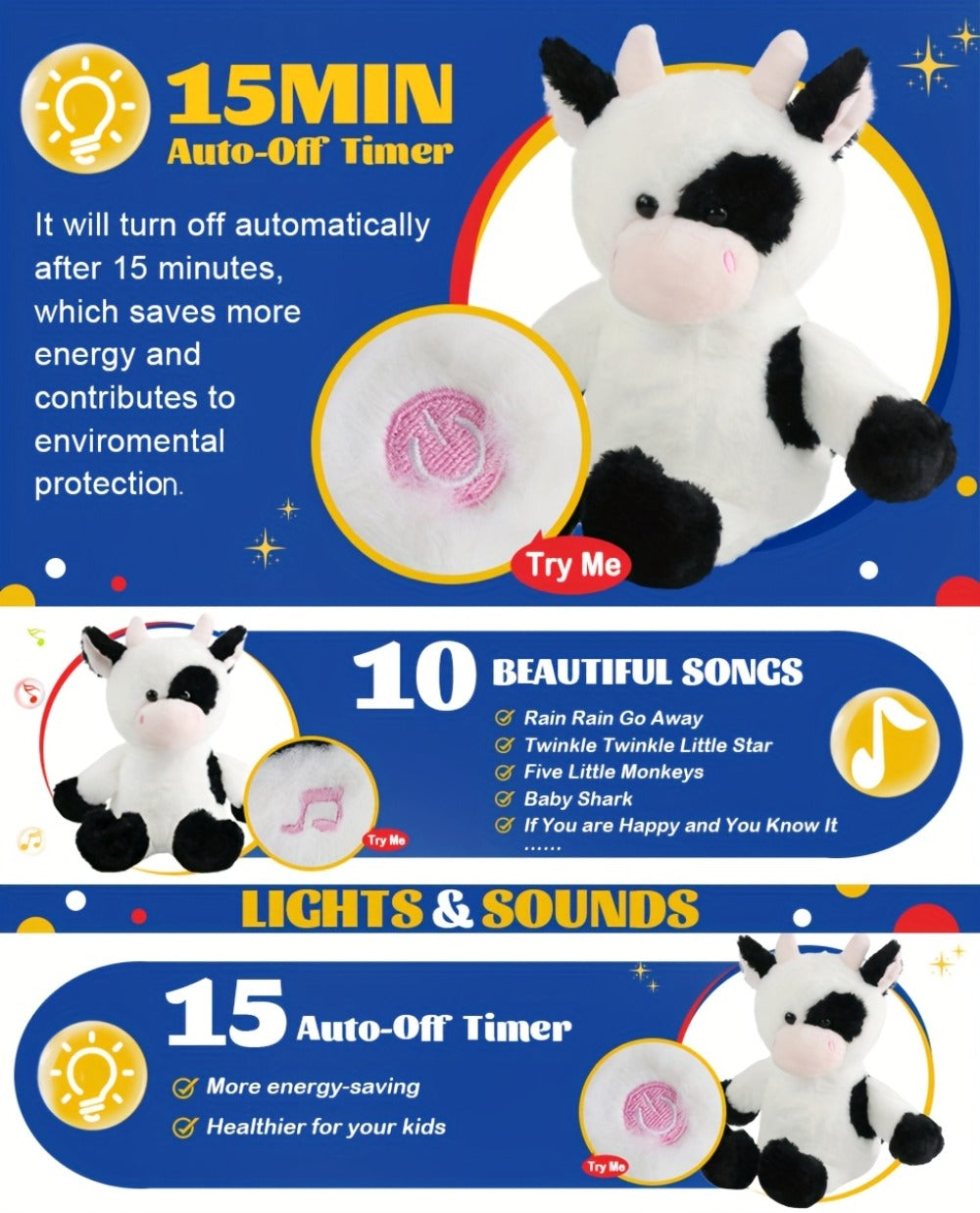 Plush Toy Highland Cow with Glowing Body and Optional Music in Two Interactive Styles for Display