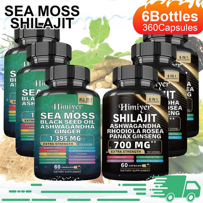 Sea Moss 7000mg & Shilajit Supplement Bundle, Black Seed Oil 4000mg, Ashwagandha 2000mg, Panax Ginseng 1500mg