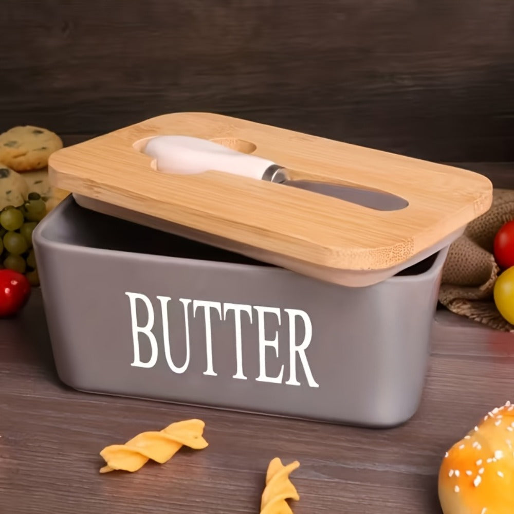 Ceramic Butter Dish with Lid and Knife, Large Countertop Butter Keeper, Airtight Seal, Easy-Clean Design