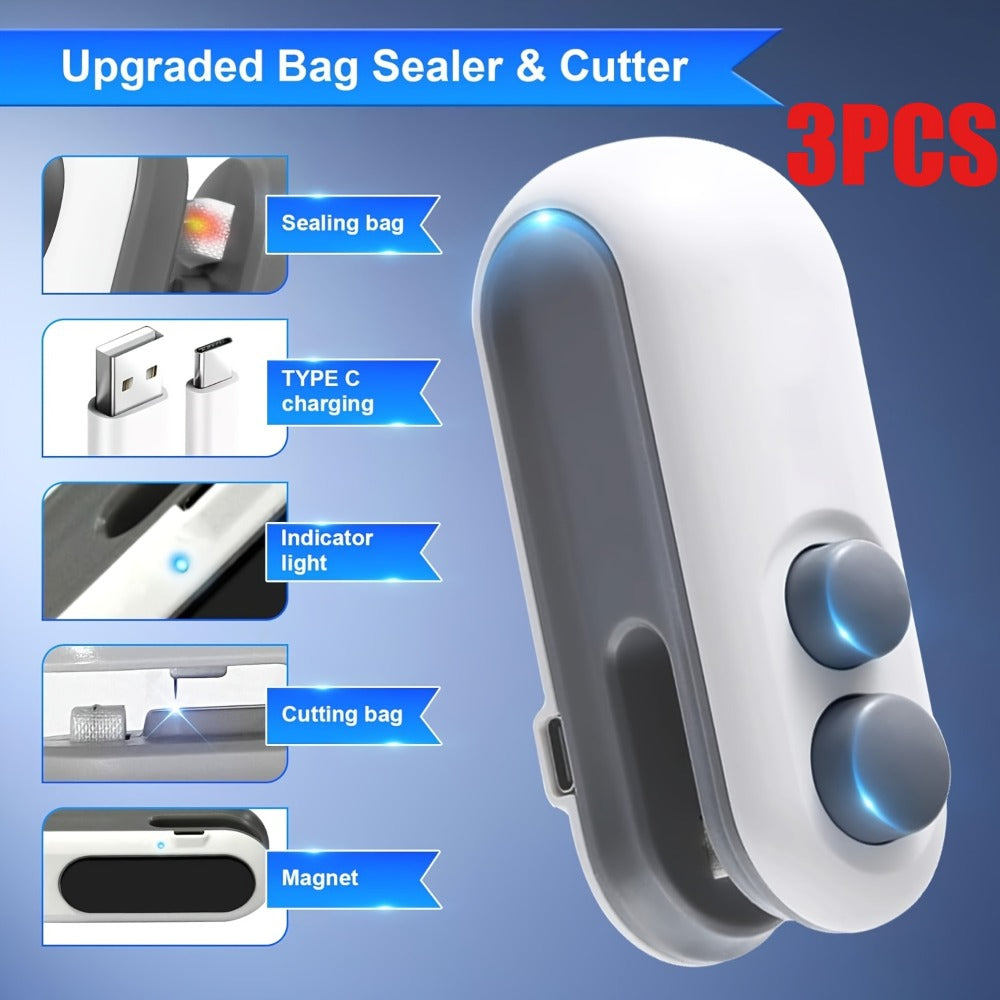 Bag Sealer Handheld Heat Sealer 3-Pack, USB-C Rechargeable 2-in-1 Magnetic Food Sealer with Cutter