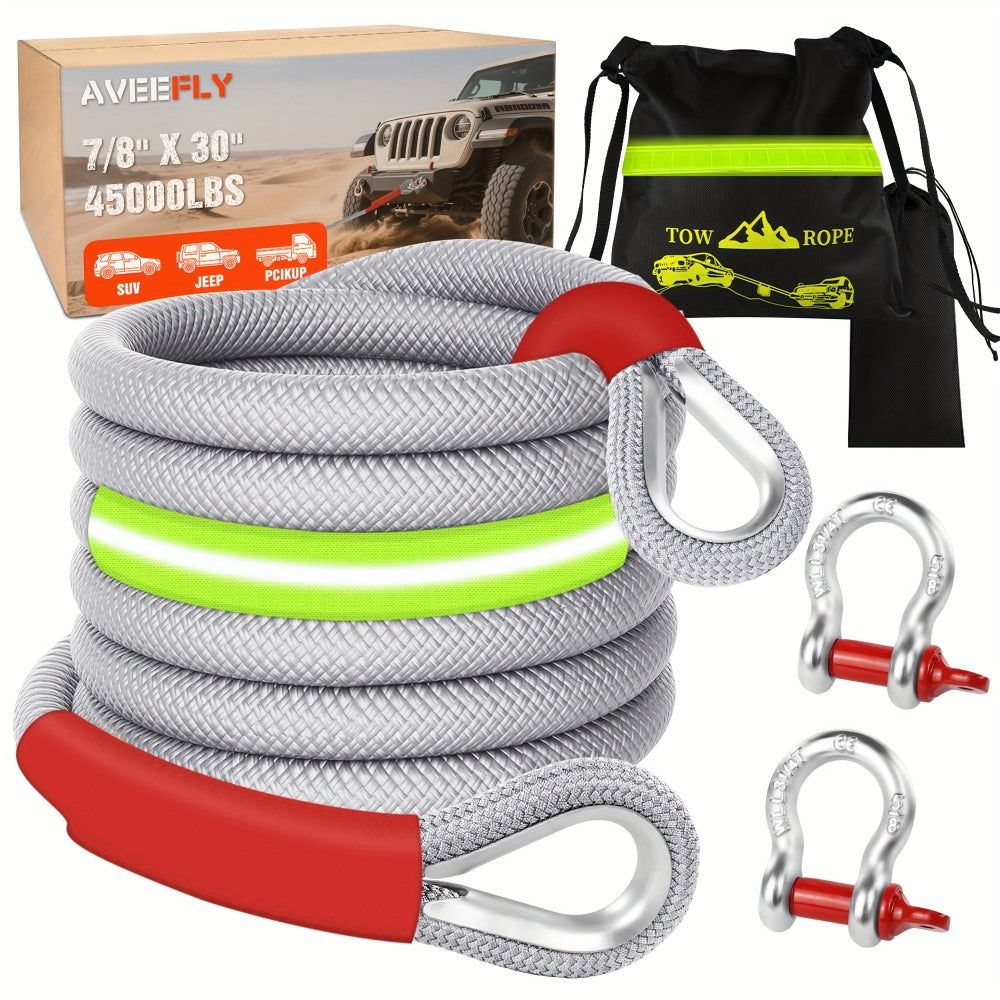 Recovery Tow Strap Kit 45000 LBS Break Strength – 7/8" x 30ft Polyester Rope, 2 D-Ring Shackles, Reflective Flag & Storage Bag