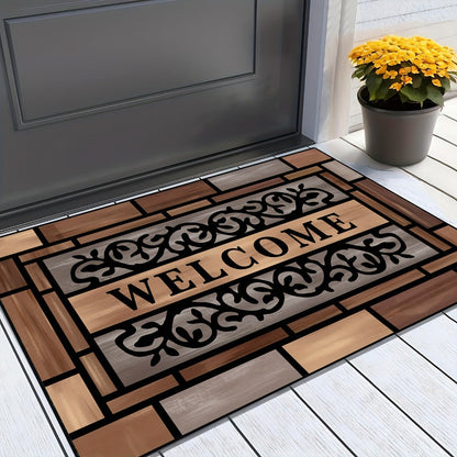 Welcome Doormat Wood Pattern – Entrance Mat with Polypropylene Backing, Indoor Outdoor Floor Mat for Front Door