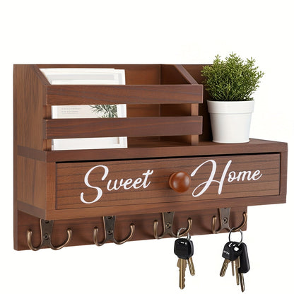 Key Holder for Wall with Drawer 8 Hooks, Rustic Wood Wall Mounted Key & Mail Organizer for Entryway