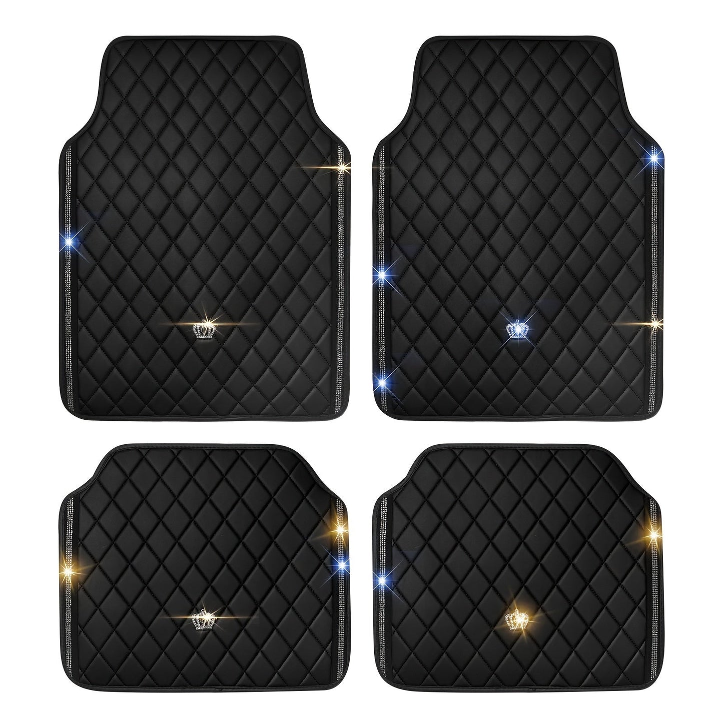 Quilted Crown Car Floor Mats, Four-Piece Set in Red, Black or Prismatic Embossed Style Options