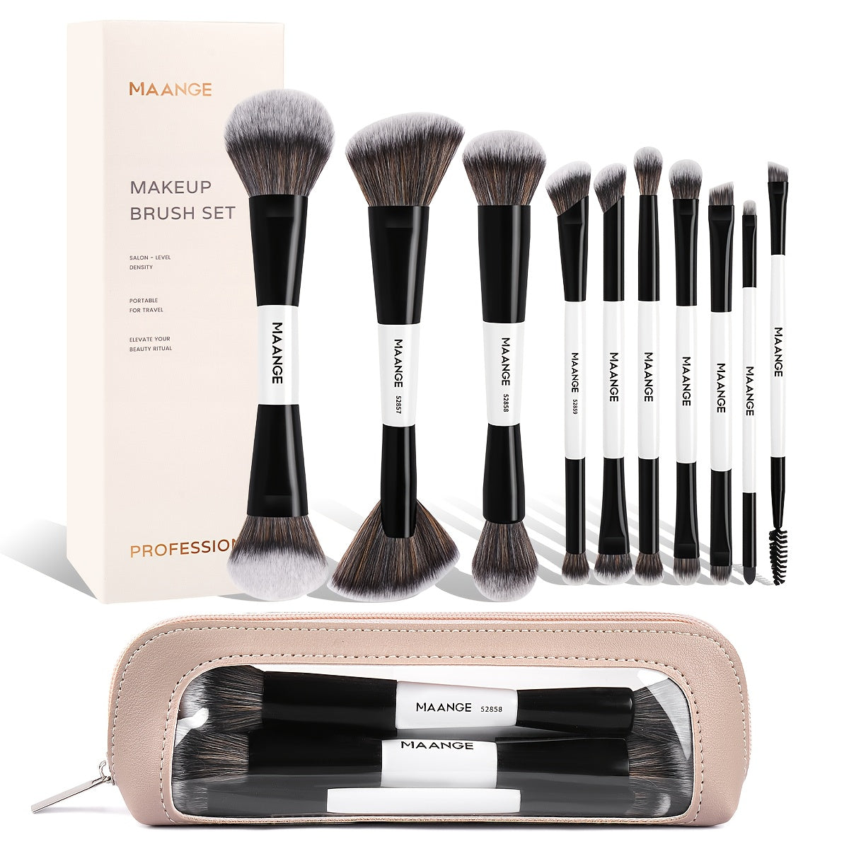 Makeup Brush Set, 10-Piece Double-Ended Nylon Bristle Collection with Cosmetic Bag and Three Color Options