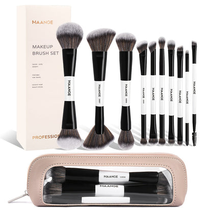 Makeup Brush Set, 10-Piece Double-Ended Nylon Bristle Collection with Cosmetic Bag and Three Color Options