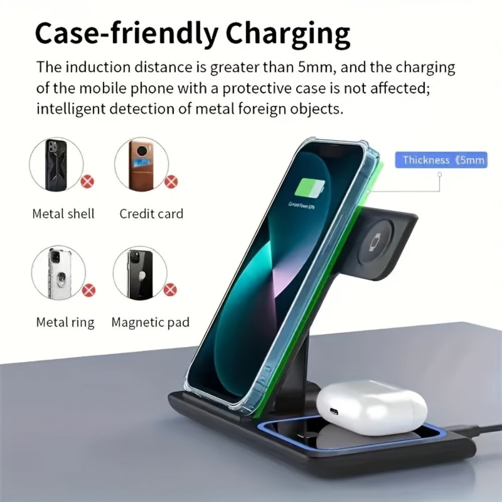 3-in-1 MagSafe Wireless Charging Station 15W Fast Charger – Foldable HS BS Style Stand for iPhone 16 15 14 13 12 Pro Max