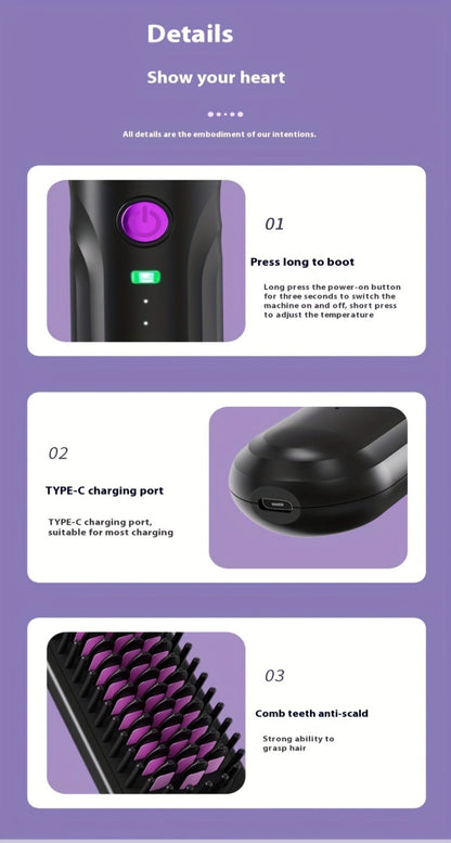 Wireless Hair Straightener Comb - Portable Cordless Straightening Brush with 3-Min Fast Heat, 3 Temp Settings 170-190°C