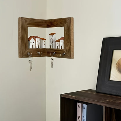 Wall Mounted Key Rack with Hooks – Rustic Wooden Key Holder with 6 House Hooks, Entryway Storage Organizer for Home Bedroom Wall Decor