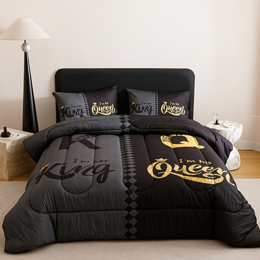 King and Queen Crown Print Comforter Set in Black or Red with Twin, Full, Queen and King Sizes