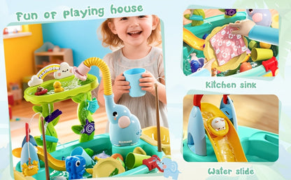 Kids Water Table Toy with Electric Pump & Faucet for Toddlers - Play Sink with Food Accessories & Fishing Toy