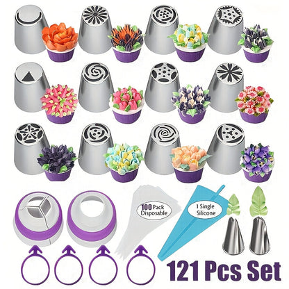 Russian Piping Nozzle Set 121pcs, 12 Flower Icing Tips, 2 Leaf Piping Tips, 2 Couplers and 100 Piping Bags
