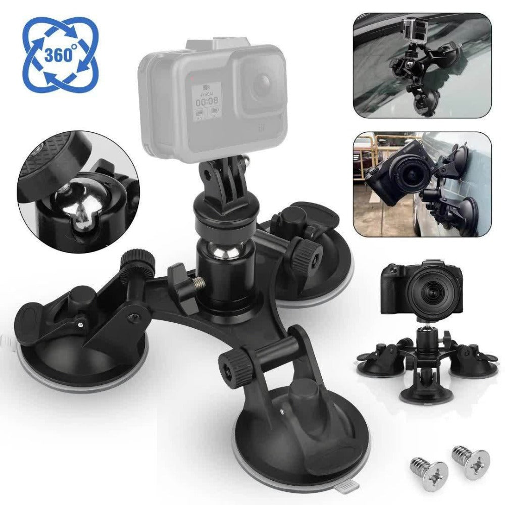 Suction Cup Camera Mount with 3 Bases – Universal 360° Ball Head Car Camera Holder for GoPro Hero 10 9 8 7, Action Cameras