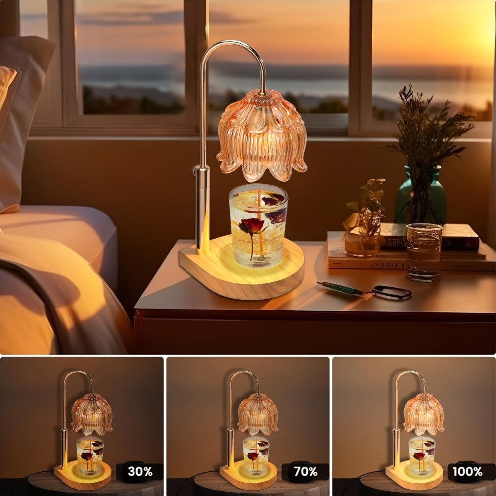 Lily-Glass Candle Warmer Lamp with Silver-Tone Post, Wood-Look Base, Three Brightness Levels and 2/4/8-Hour Timer
