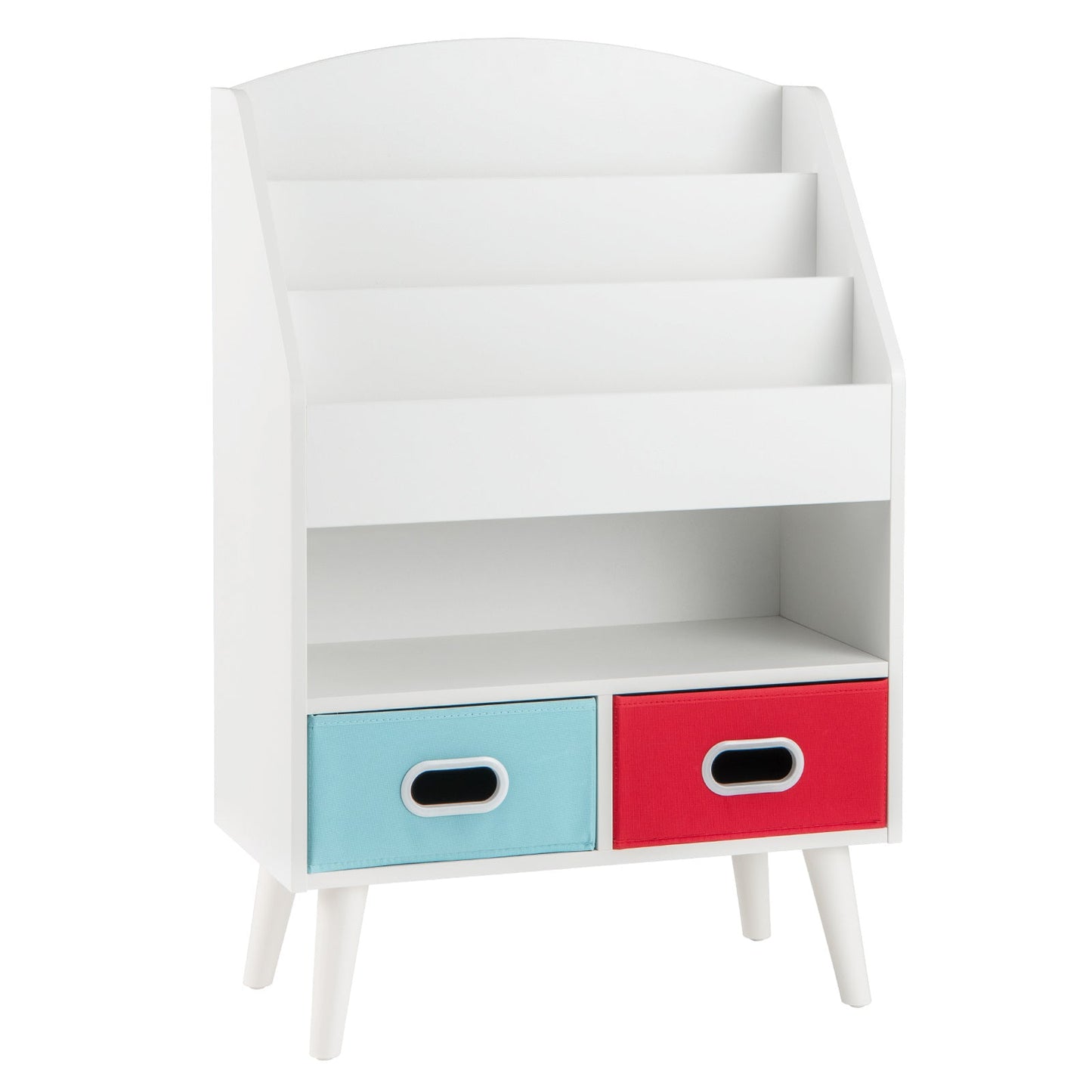 Kids Bookshelf 3-Tier with 2 Fabric Bins Open Compartments Anti-Tip Safety Design Sturdy MDF for Entryways, Bedrooms and Living Spaces