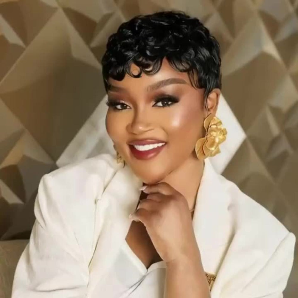 Wig Short Curly Pixie Bob in Natural Black, 6-Inch Human Hair with Bangs and Machine-Made Glueless Cap