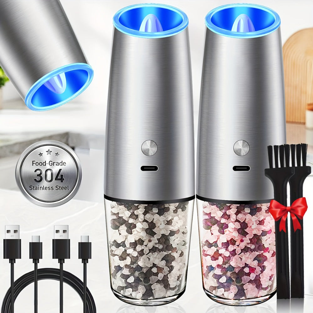 2pcs USB Rechargeable Electric Salt and Pepper Grinder Set with LED Light & Adjustable Coarseness