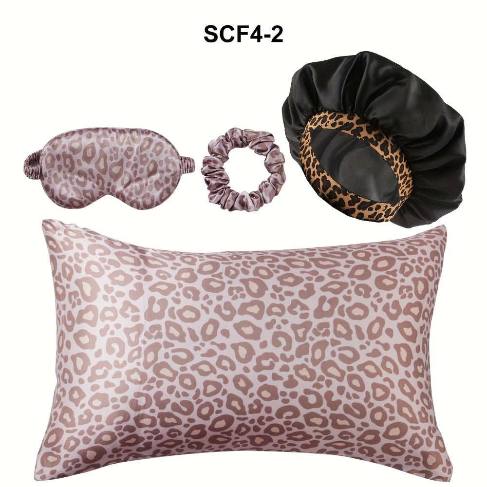 Leopard Print Pillow Covers Set of 4 with Sleep Mask and Headband Machine Washable Polyester Woven Fabric Travel Bedroom Decorative