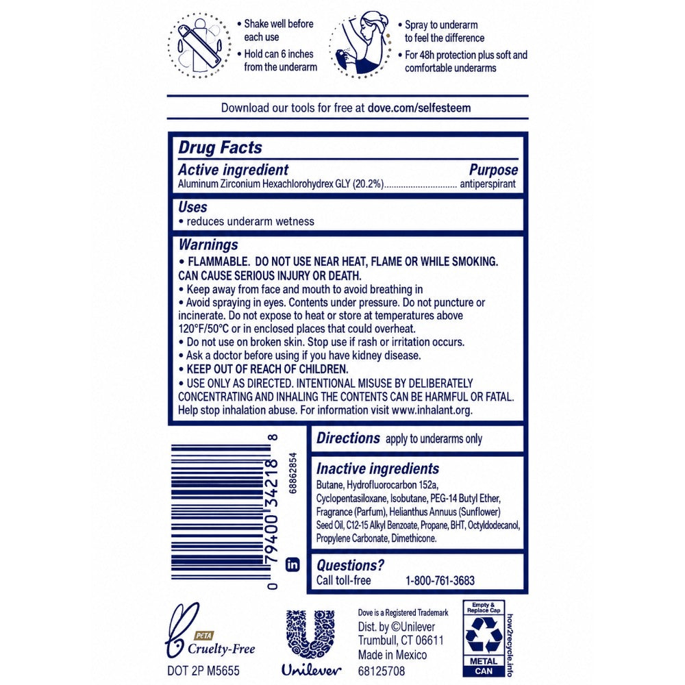 Dove Beauty Finish Antiperspirant Body Spray, Six 5 fl oz Cans with Pink-Cap Can Presentation