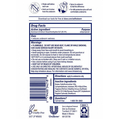 Dove Beauty Finish Antiperspirant Body Spray, Six 5 fl oz Cans with Pink-Cap Can Presentation