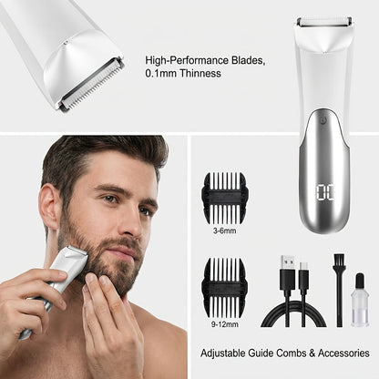 V-Shaped Ceramic-Blade Body Hair Trimmer with LCD Display, USB Cable, Guide Combs and Six Finish Options