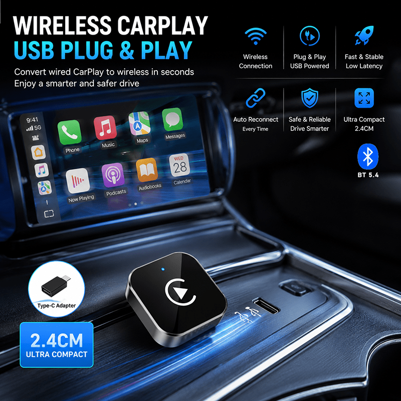 Wireless CarPlay Adapter 2-in-1 Wired to Wireless CarPlay & Android Auto Mini USB Dongle Fast Stable Connection for Apple iOS 10+ Android