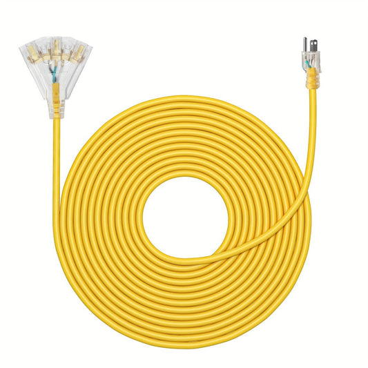 Yellow 25-Foot 14/3 Extension Cord with Three-Outlet Lighted Tri-Tap, 15A 125V and 1875W Label