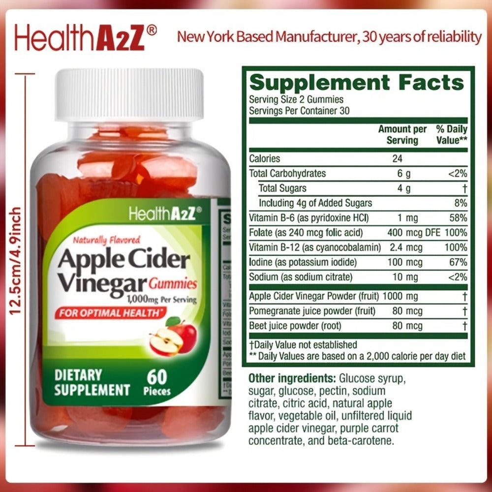 Apple Cider Vinegar Gummies 1000mg Extra Strength with B6, B12, Folic Acid, Pomegranate & Beet - Digestive Health