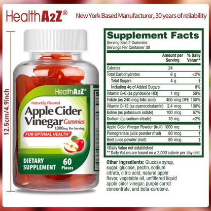 Apple Cider Vinegar Gummies 1000mg Extra Strength with B6, B12, Folic Acid, Pomegranate & Beet - Digestive Health