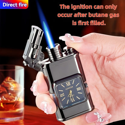 Double Flame Windproof Lighter Creative Retro Metal Lighter Dragon Eagle Gun Shape Quartz Dial Portable Outdoor Lighter Men Gift Box Butane
