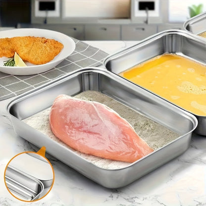Breading Pan Set 3pcs, Stainless Steel Crumb Tray for Chicken Breading, Fish Coating and Meat Marinating, Oven Safe Food Prep Tray