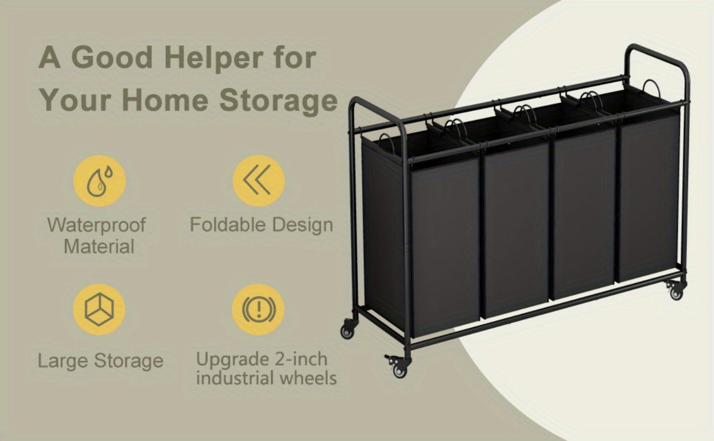 Rolling Laundry Sorter Hamper with Four Removable Fabric Bags, Caster Wheels and Four Color Configurations