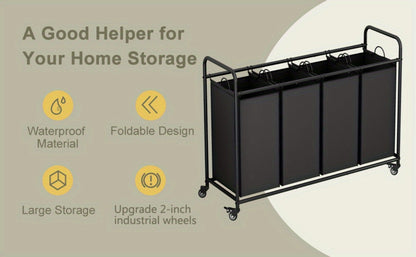 Rolling Laundry Sorter Hamper with Four Removable Fabric Bags, Caster Wheels and Four Color Configurations