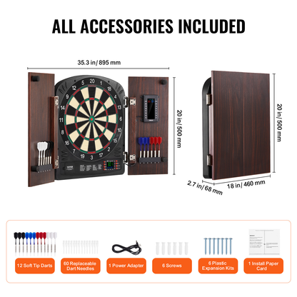 Electronic Dartboard Cabinet Set with LED Scoring – 13.5" Soft Tip, 40 Games 590 Variations, Retro Wood Cabinet, 1-8 Players