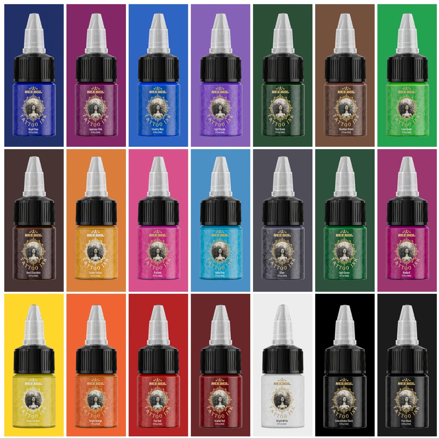 Tattoo Ink 14- or 21-Color Set with 0.5oz 15ml Bottles and Two Palette Choices for Color Selection