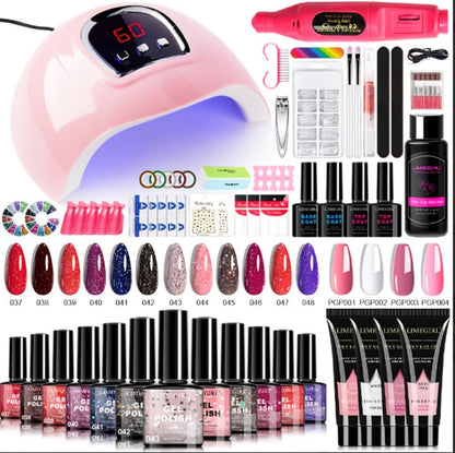 Gel Nail Polish Kit with UV Lamp & Electric Nail Drill – 12 Colors Gel Polish Set, Poly Extension Gel, Top &