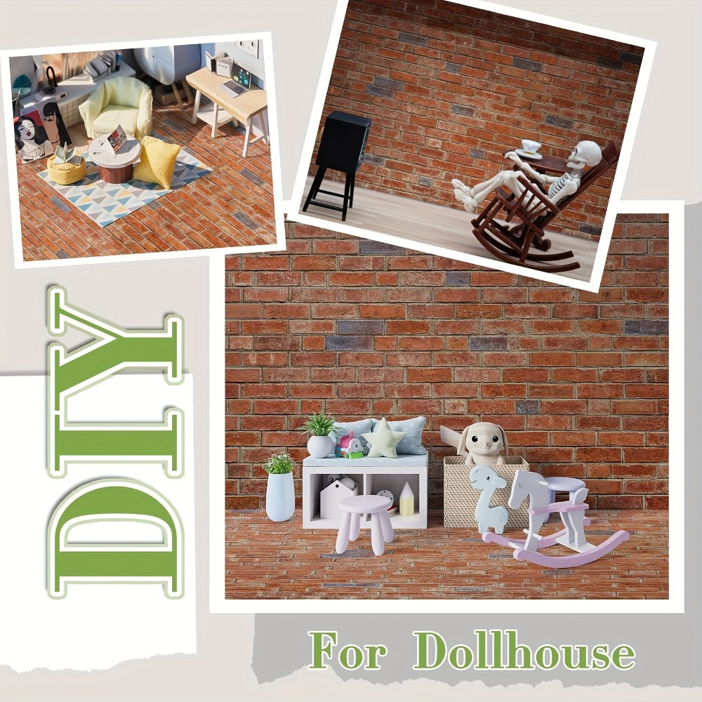 Dollhouse Wallpaper Flooring Peel Stick 12 Sheets Red Clinker Brick Miniature Self-Adhesive Paper for 1:12 Scale Dollhouse DIY Craft Room