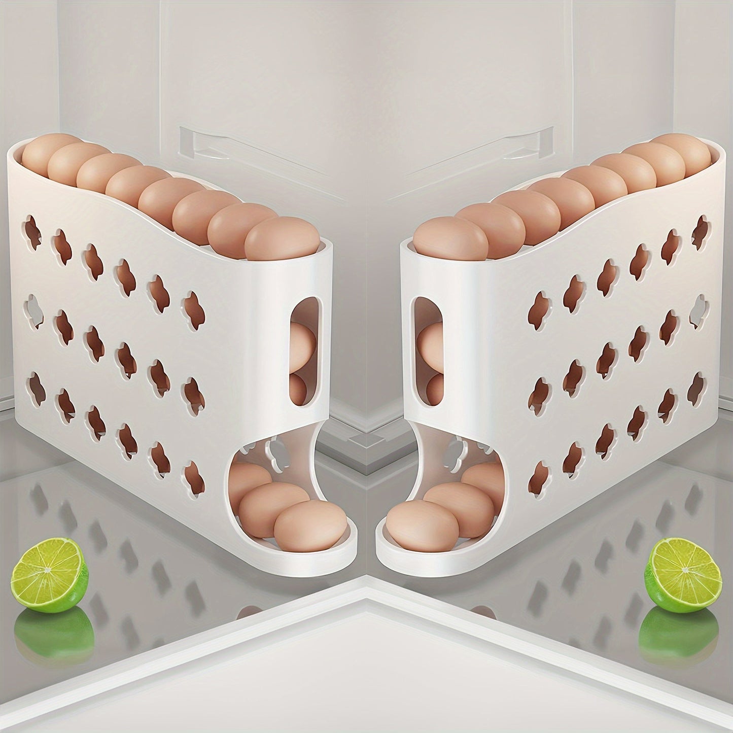 Egg Dispenser Kitchen Organizer 4-Tier Auto-Rolling PP Rack for Refrigerator, Cabinet or Countertop