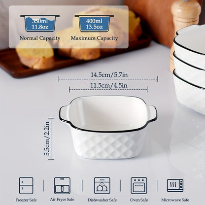 Ceramic Baking Dish Set 4-Piece, 13oz Small Square Ceramic Casserole Dishes with Handles, Diamond Design Oven & Bakeware