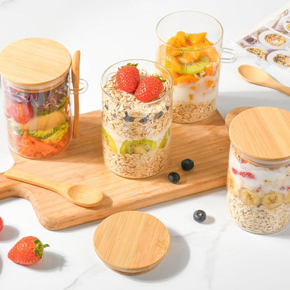 Overnight Oats Jars with Bamboo Lids & Spoons, 500ml Glass Meal Prep Containers, Dessert Bowl Set for Chia Pudding