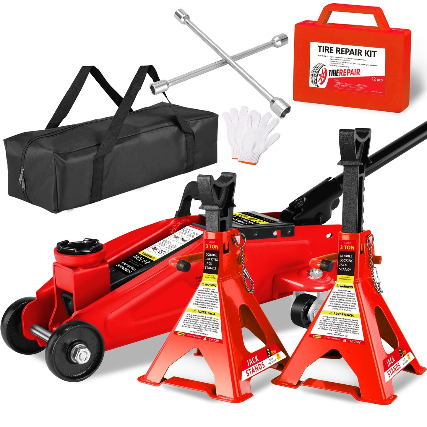Hydraulic Floor Jack Kit 2/2.5/3 Ton Low Profile Trolley Jack with Jack Stands, Tire Repair Kit, Wheel Wrench & Wheel Chock Combo – Red/Blue