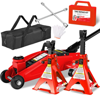 Hydraulic Floor Jack Kit 2/2.5/3 Ton Low Profile Trolley Jack with Jack Stands, Tire Repair Kit, Wheel Wrench & Wheel Chock Combo – Red/Blue