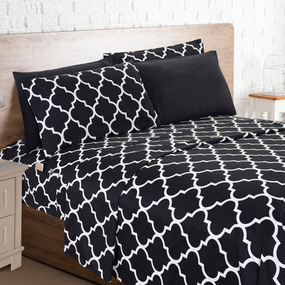 Bed Sheet Set Geometric Trellis Microfiber in Size-Dependent 4- or 6-Piece Configuration with 16-Inch Pocket