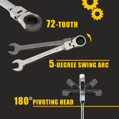 CR-V Flex Head Ratchet Wrench Set 5-Piece – 2-in-1 Reversible Open End & Hex Socket Dual-Purpose Kit | Automotive Engine Bay, Plumbing